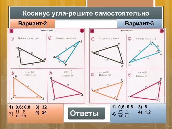 Косинус угла-решите самостоятельно Вариант-2 Вариант-3 Ответы