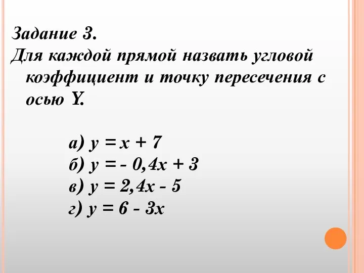 Задание 3. Для каждой прямой назвать угловой коэффициент и точку пересечения