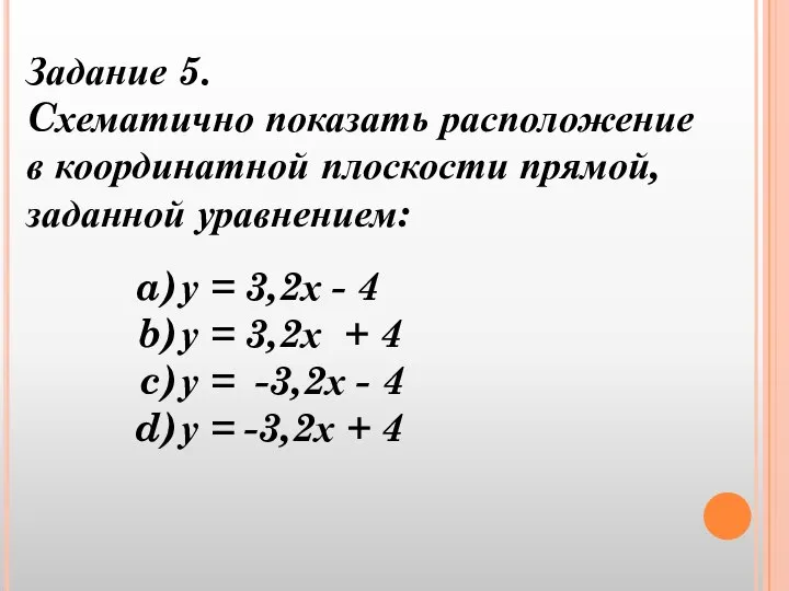 Задание 5. Cхематично показать расположение в координатной плоскости прямой, заданной уравнением: