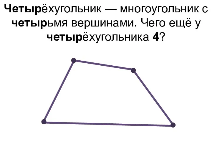 Четырёхугольник — многоугольник с четырьмя вершинами. Чего ещё у четырёхугольника 4?