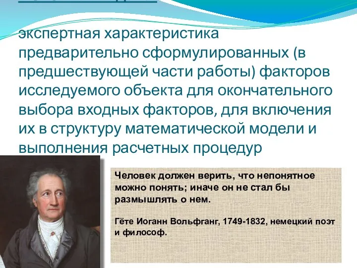 Основная задача: экспертная характеристика предварительно сформулированных (в предшествующей части работы) факторов