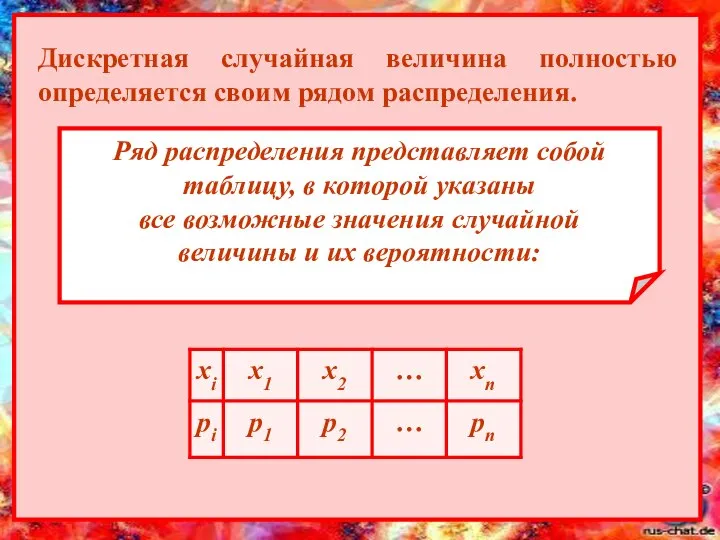 Дискретная случайная величина полностью определяется своим рядом распределения. Ряд распределения представляет