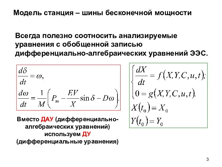 Модель станция – шины бесконечной мощности Всегда полезно соотносить анализируемые уравнения