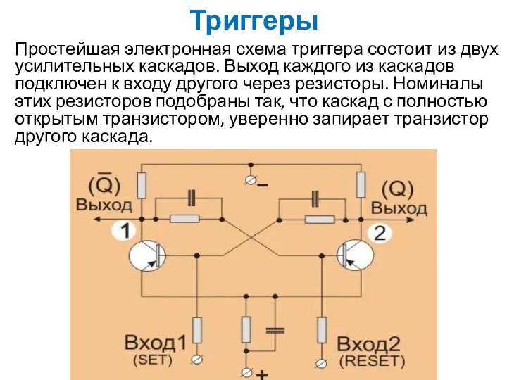 Триггеры Простейшая электронная схема триггера состоит из двух усилительных каскадов. Выход