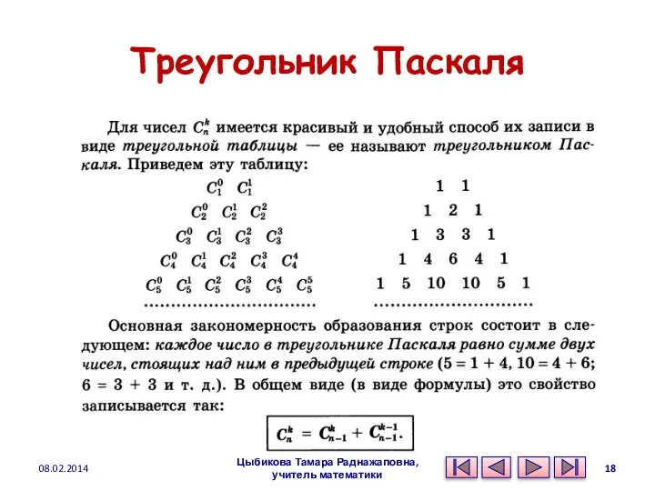 Треугольник Паскаля Цыбикова Тамара Раднажаповна, учитель математики 08.02.2014