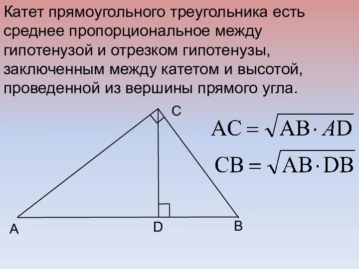 B C A D Катет прямоугольного треугольника есть среднее пропорциональное между