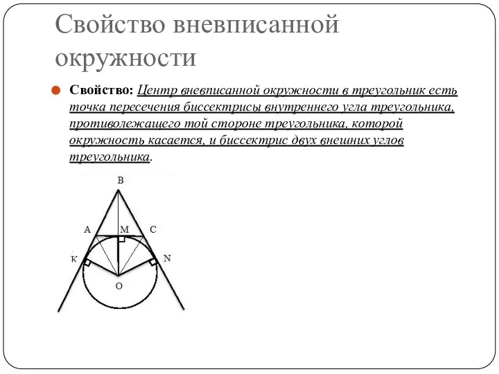 Свойство вневписанной окружности Свойство: Центр вневписанной окружности в треугольник есть точка