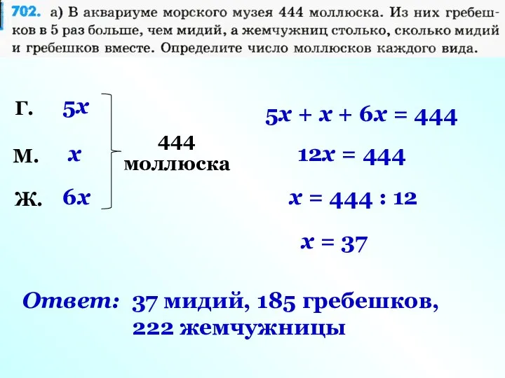 Г. М. Ж. 6x 5x x 444 моллюска 5x + x