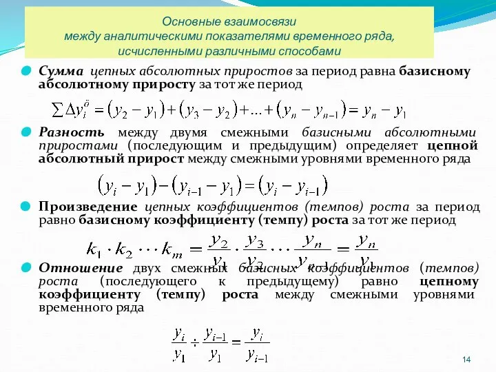 Основные взаимосвязи между аналитическими показателями временного ряда, исчисленными различными способами Сумма