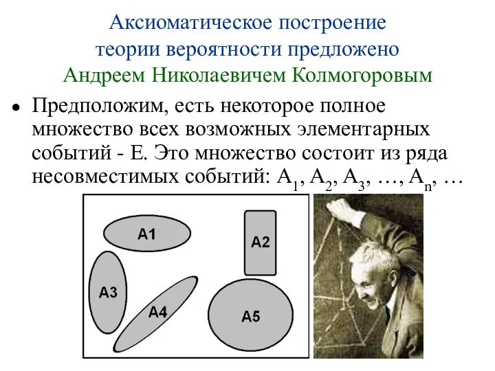 Аксиоматическое построение теории вероятности предложено Андреем Николаевичем Колмогоровым Предположим, есть некоторое