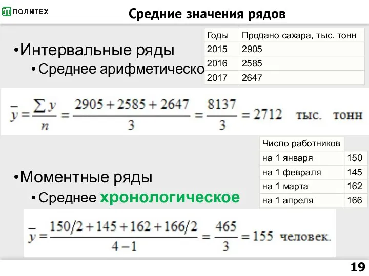 Средние значения рядов Интервальные ряды Среднее арифметическое Моментные ряды Среднее хронологическое