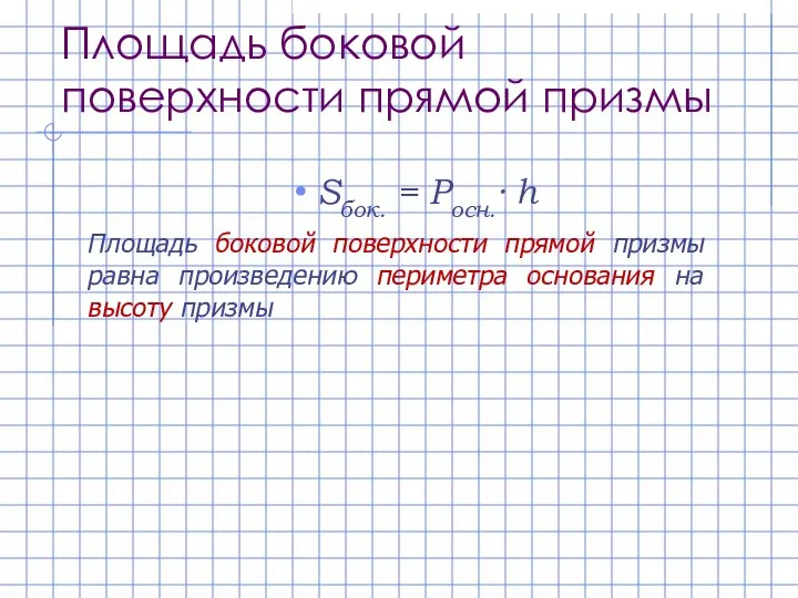 Площадь боковой поверхности прямой призмы Sбок. = Росн.· h Площадь боковой