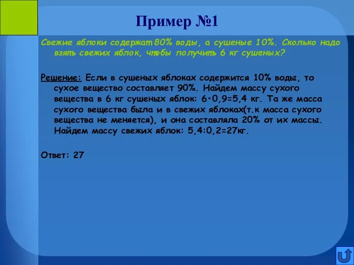 Пример №1 Свежие яблоки содержат 80% воды, а сушеные 10%. Сколько