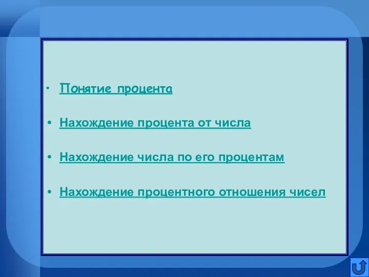 Понятие процента Нахождение процента от числа Нахождение числа по его процентам Нахождение процентного отношения чисел