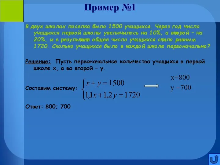 Пример №1 В двух школах поселка было 1500 учащихся. Через год