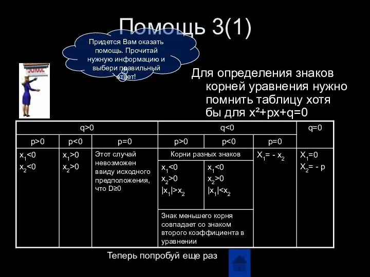 Помощь 3(1) Для определения знаков корней уравнения нужно помнить таблицу хотя