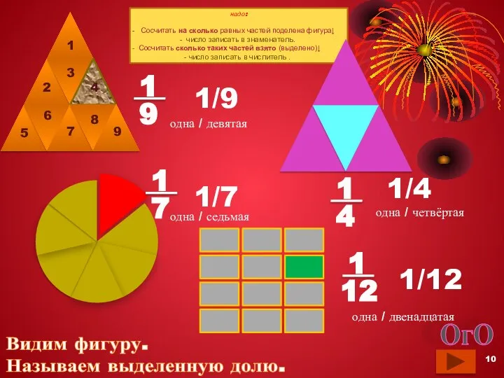 Видим фигуру. Называем выделенную долю. надо: Сосчитать на сколько равных частей