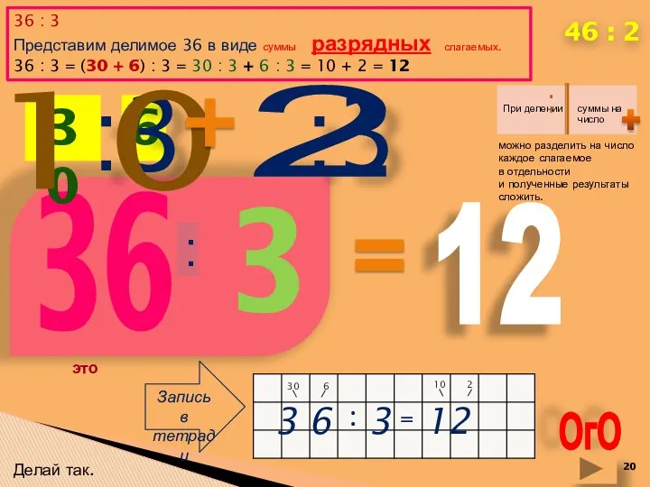 ОгО 46 : 2 36 : 3 Представим делимое 36 в