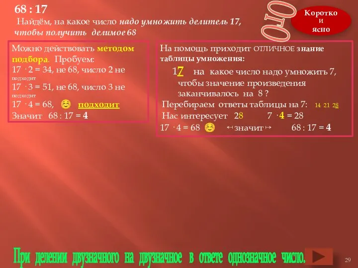 68 : 17 Найдём, на какое число надо умножить делитель 17,