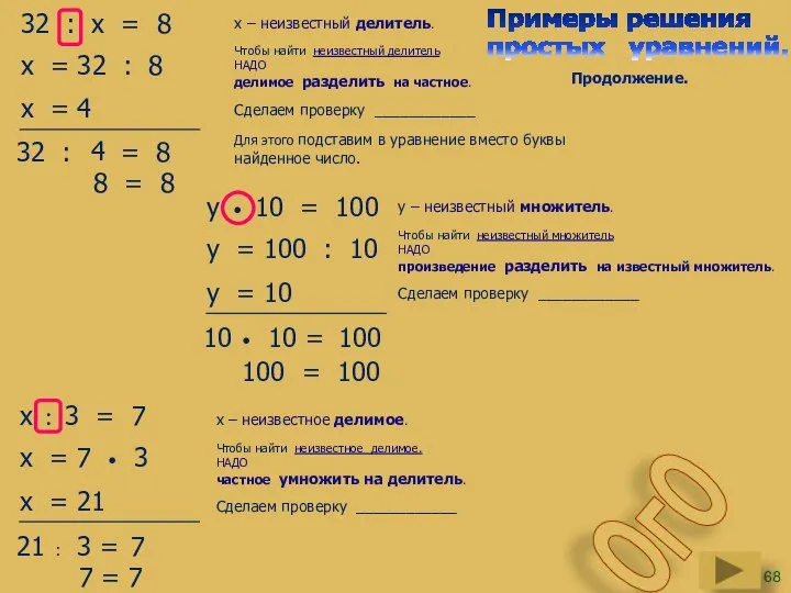 32 : х = 8 х – неизвестный делитель. Чтобы найти