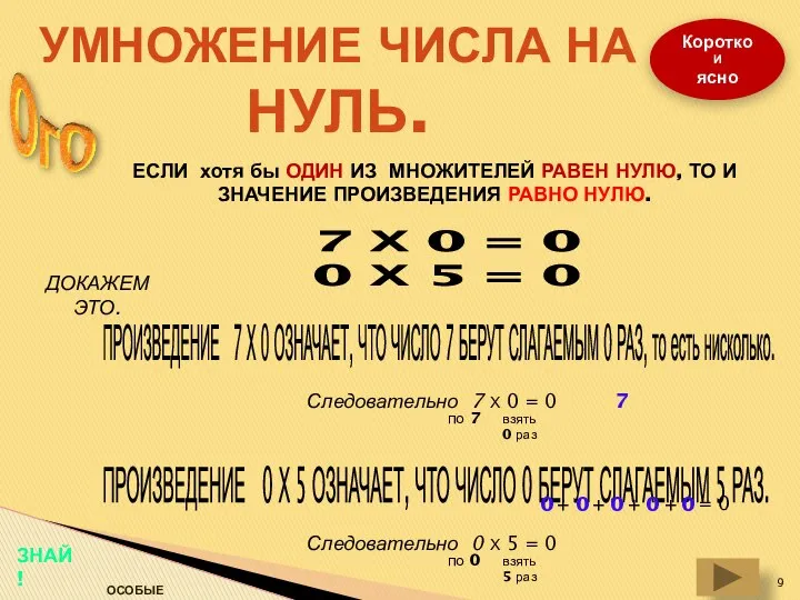 УМНОЖЕНИЕ ЧИСЛА НА НУЛЬ. Коротко И ясно ЕСЛИ хотя бы ОДИН