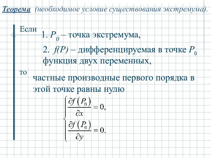 Теорема (необходимое условие существования экстремума). Если 1. Р0 – точка экстремума,