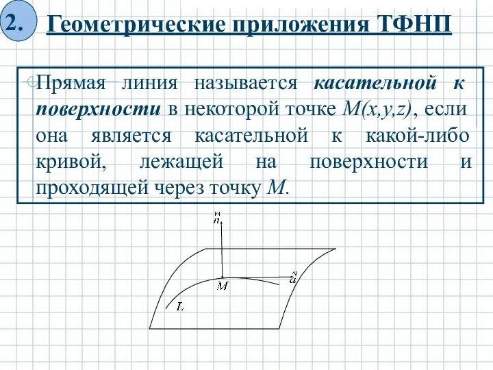 Геометрические приложения ТФНП Прямая линия называется касательной к поверхности в некоторой