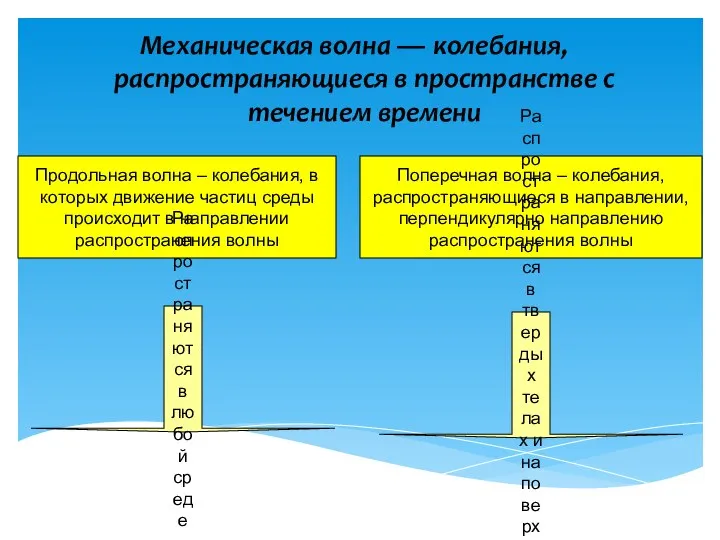 Механическая волна — колебания, распространяющиеся в пространстве с течением времени Продольная