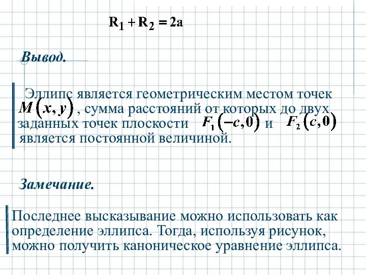 Вывод. Замечание. Последнее высказывание можно использовать как определение эллипса. Тогда, используя