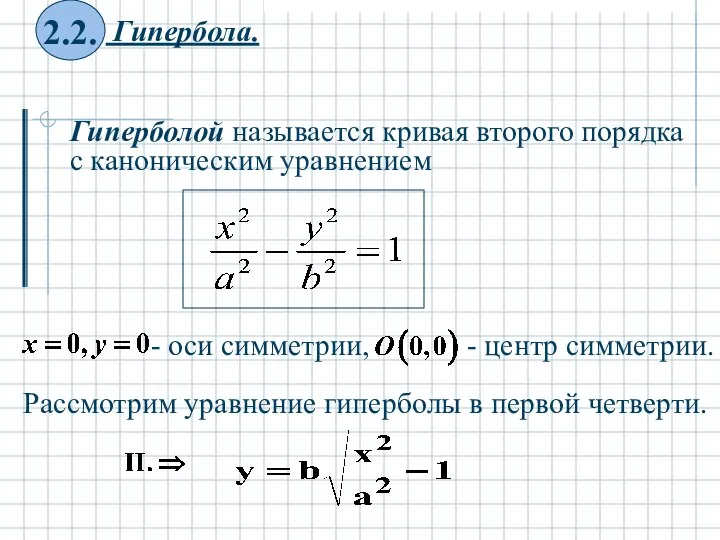 Гиперболой называется кривая второго порядка с каноническим уравнением