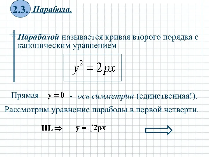 Параболой называется кривая второго порядка с каноническим уравнением Рассмотрим уравнение параболы в первой четверти.