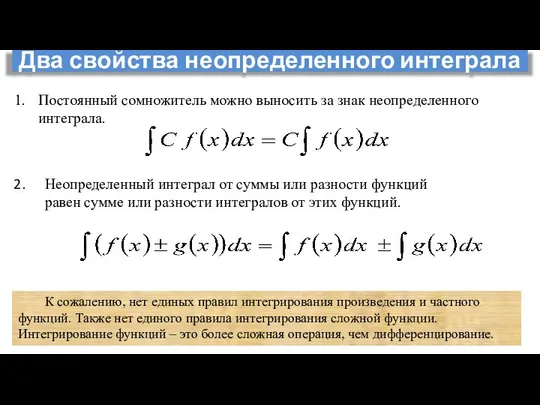 Постоянный сомножитель можно выносить за знак неопределенного интеграла. Неопределенный интеграл от