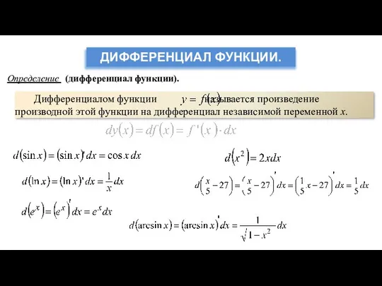 Определение (дифференциал функции). Дифференциалом функции называется произведение производной этой функции на