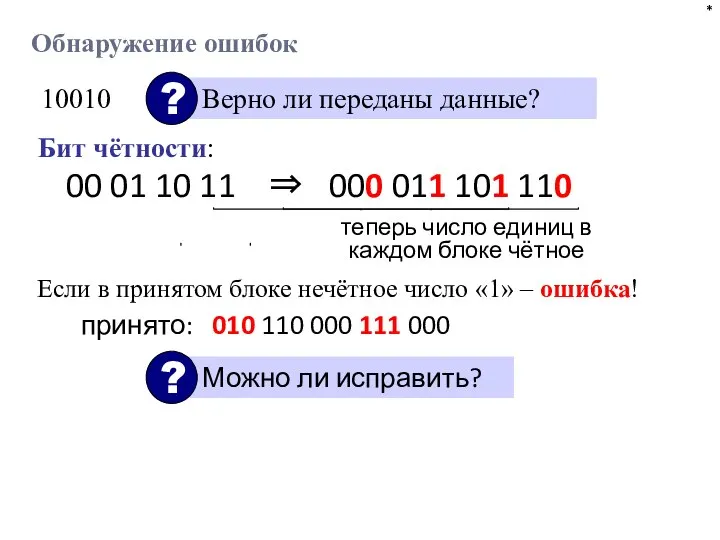 Обнаружение ошибок * Бит чётности: 00 01 10 11 ⇒ 000