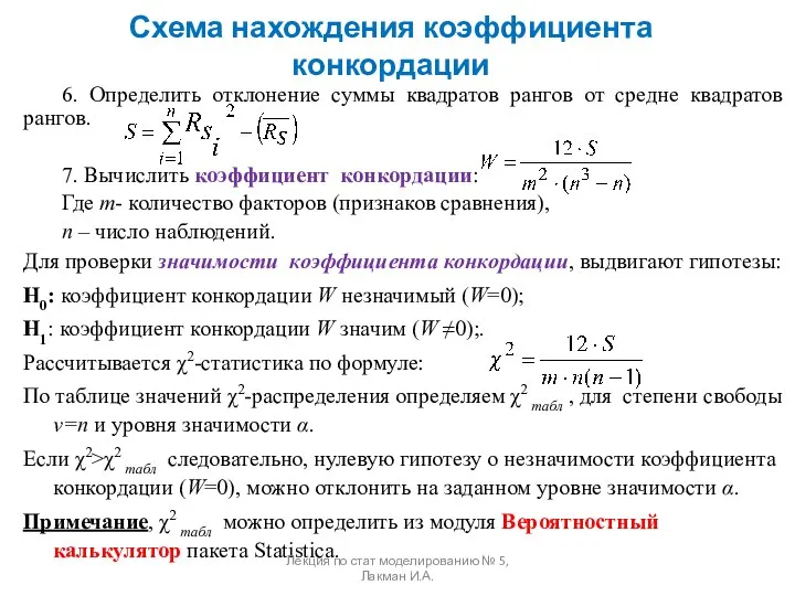 Схема нахождения коэффициента конкордации 6. Определить отклонение суммы квадратов рангов от