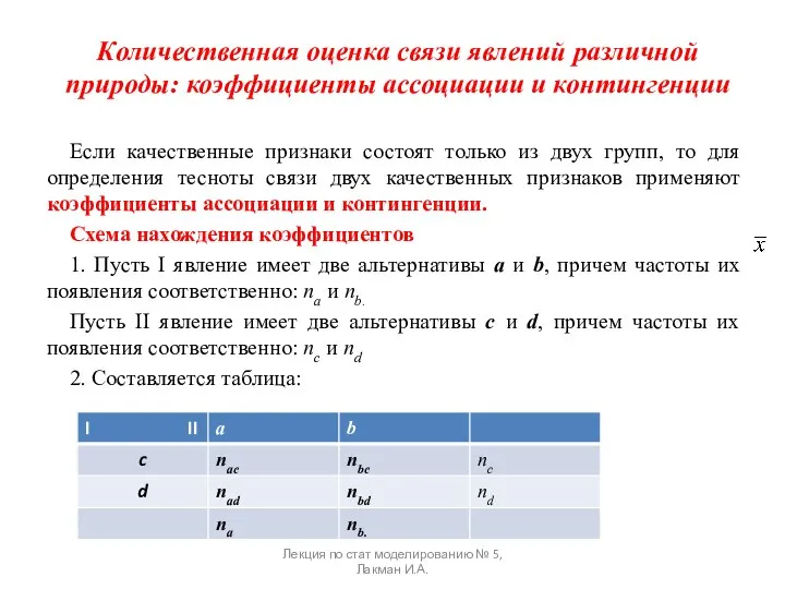 Количественная оценка связи явлений различной природы: коэффициенты ассоциации и контингенции Если