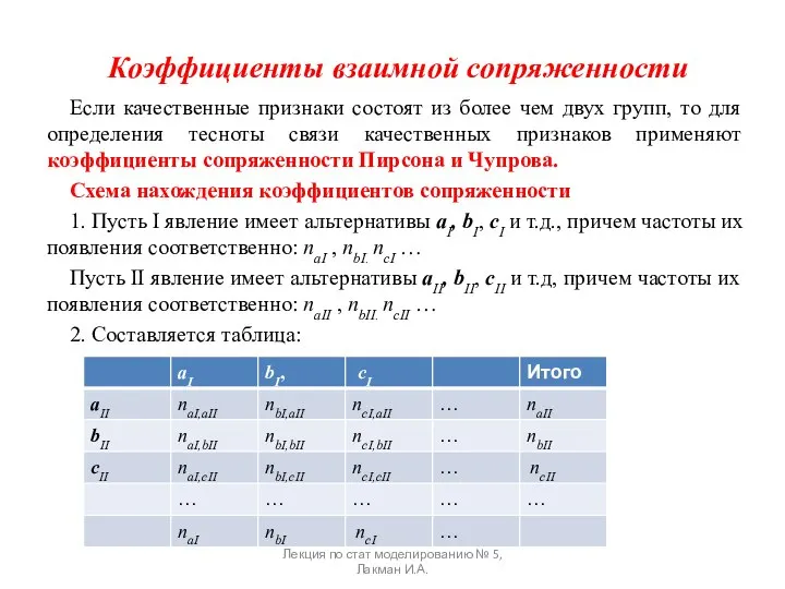 Коэффициенты взаимной сопряженности Если качественные признаки состоят из более чем двух