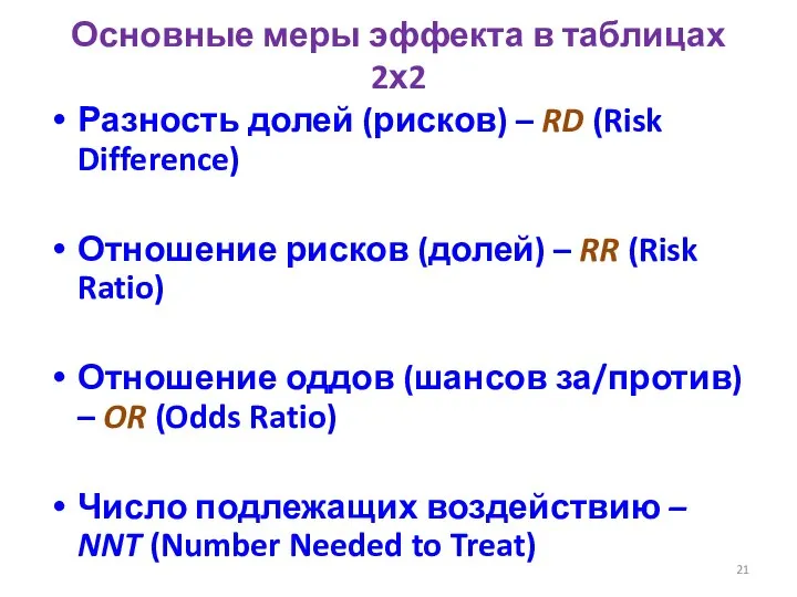 Основные меры эффекта в таблицах 2х2 Разность долей (рисков) – RD