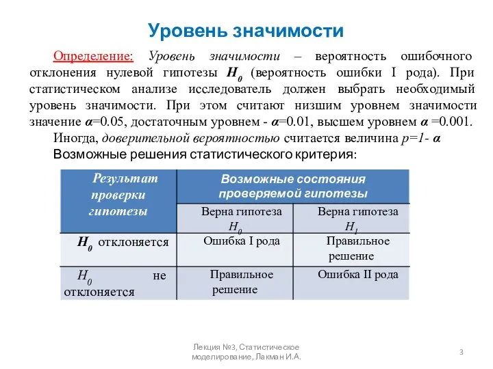 Уровень значимости Определение: Уровень значимости – вероятность ошибочного отклонения нулевой гипотезы