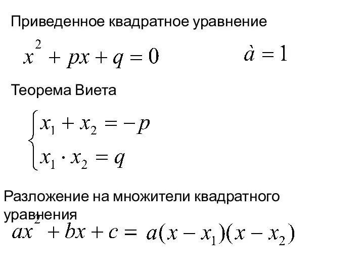 Разложение на множители квадратного уравнения Приведенное квадратное уравнение Теорема Виета