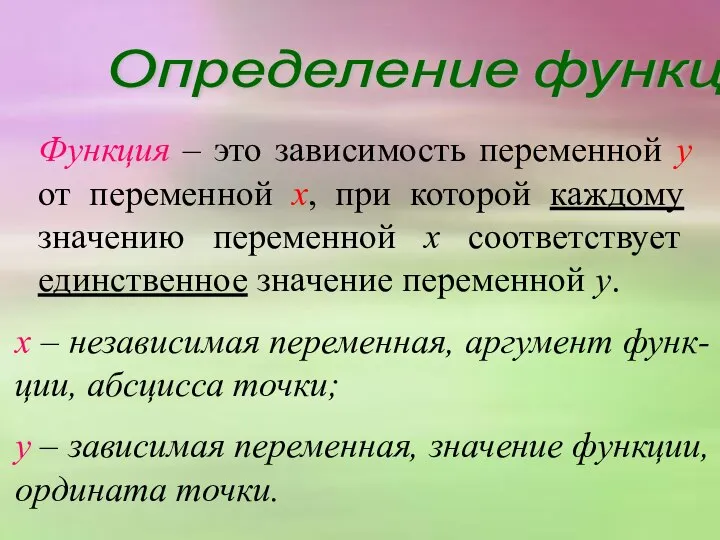 Определение функции Функция – это зависимость переменной у от переменной х,