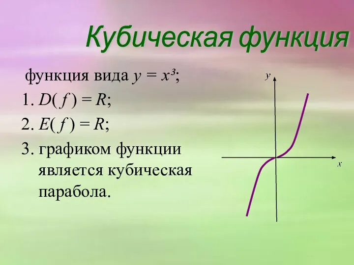 функция вида y = x³; 1. D( f ) = R;