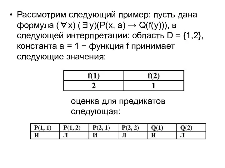 Рассмотрим следующий пример: пусть дана формула (∀x) (∃y)(P(x, a) → Q(f(y))),