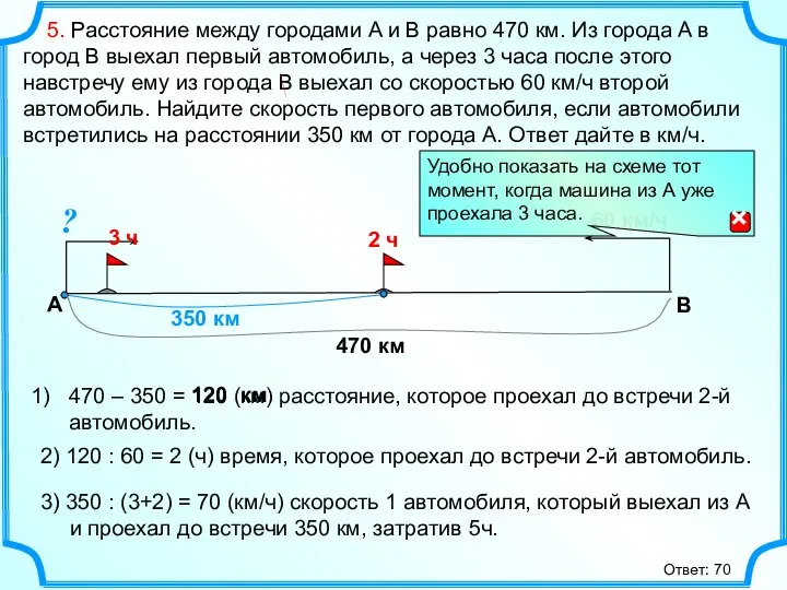 470 – 350 = 120 (км) расстояние, которое проехал до встречи