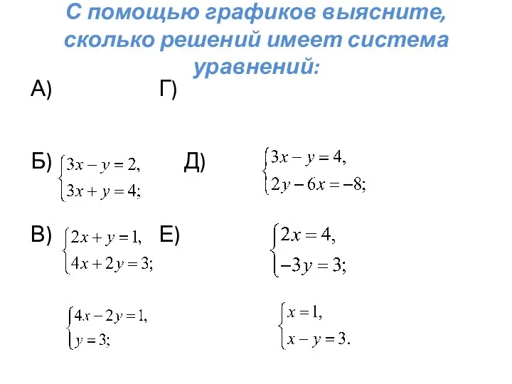 С помощью графиков выясните, сколько решений имеет система уравнений: А) Г) Б) Д) В) Е)