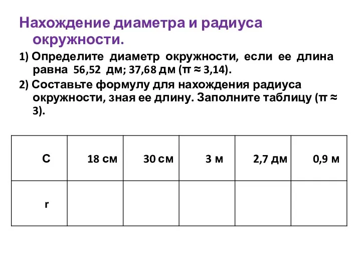 Нахождение диаметра и радиуса окружности. 1) Определите диаметр окружности, если ее