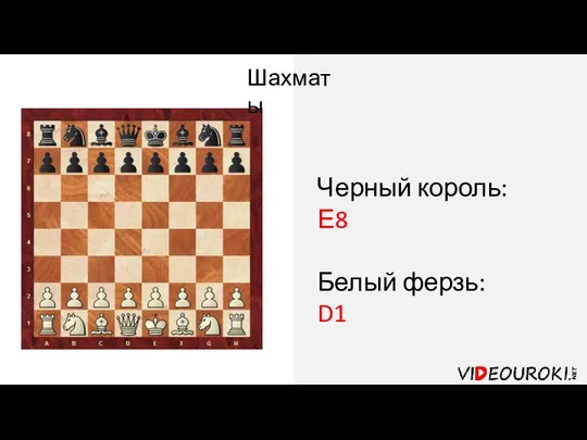 Черный король: Е8 Белый ферзь: D1 Шахматы