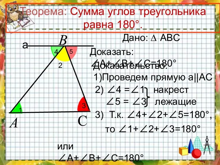 2 Теорема: Сумма углов треугольника равна 180°. Дано: ∆ ABC Доказательство: