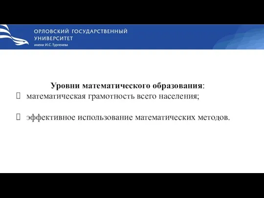 Уровни математического образования: математическая грамотность всего населения; эффективное использование математических методов.