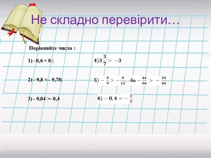 Не складно перевірити… Порівняйте числа : 1)– 0,6 2) - 9,8 3) - 0,04 >- 0,4